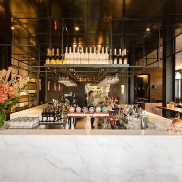 The marble bar dressed with fresh flowers
